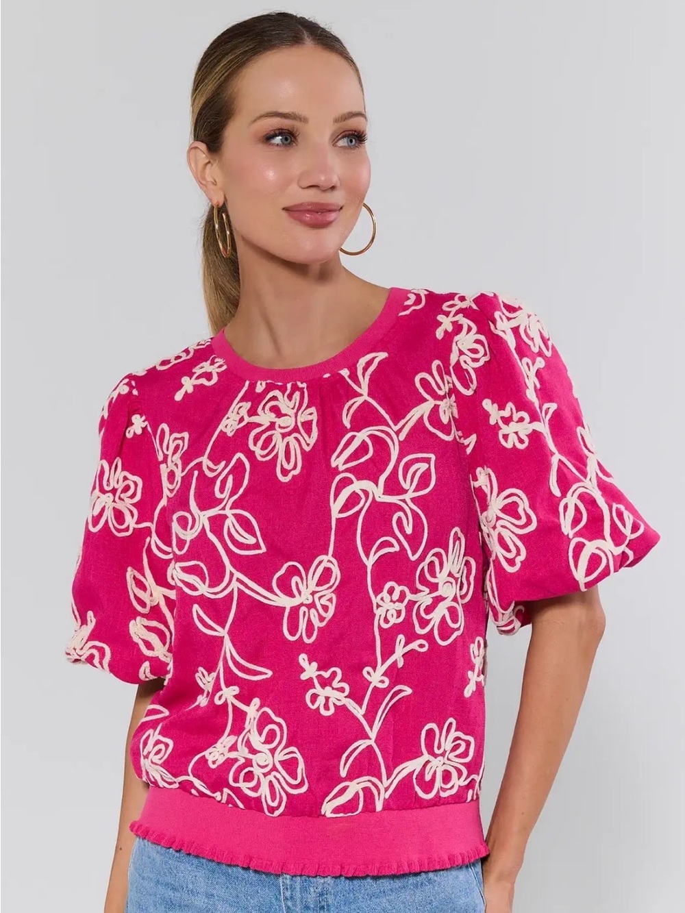 NWT Avara Voy Women's Hot Pink Floral Puff-Sleeve embroidered Top small